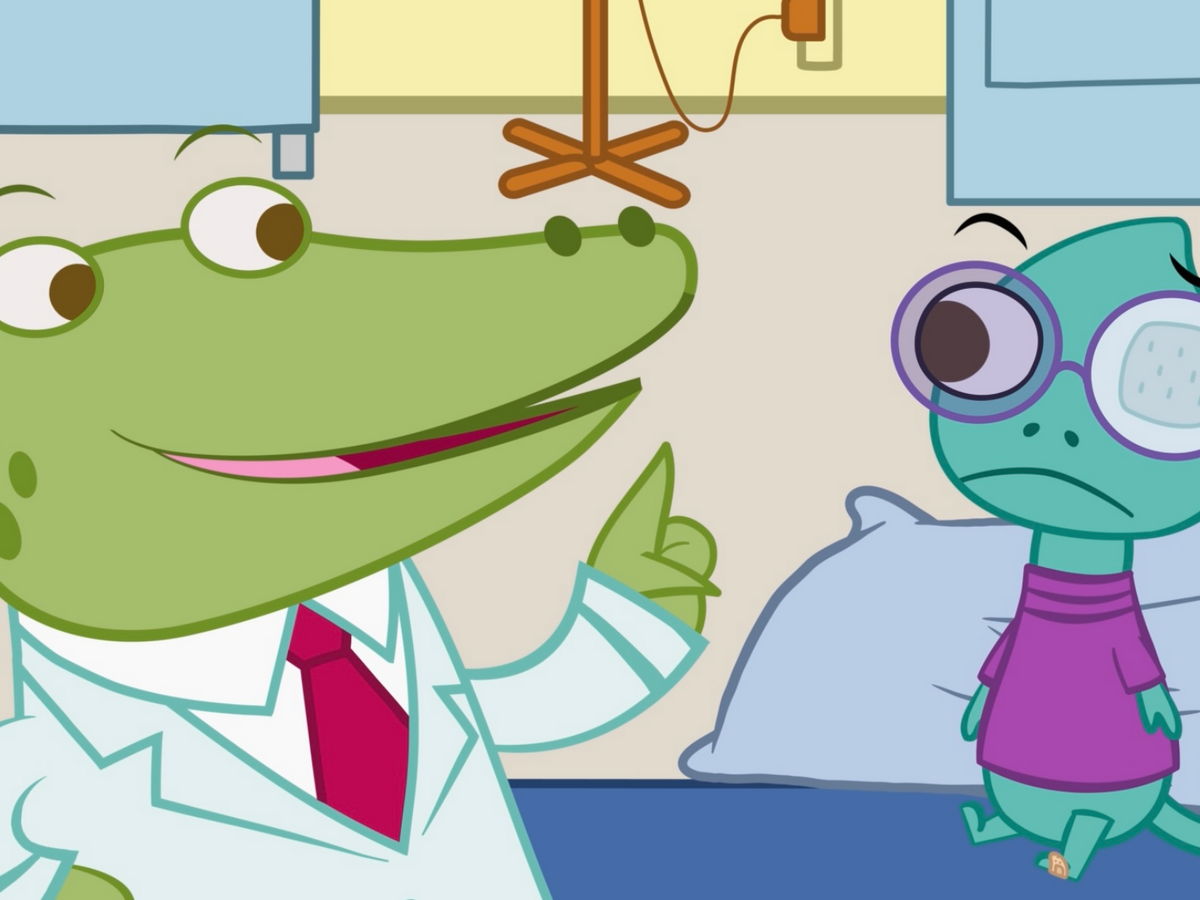Croco Doc beside the patient wearing an eye patch.
